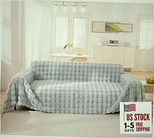 Thick Faux Rabbit Fur Couch Cover 1 Large: 71"x118 " #Faux Fur- Light Grey