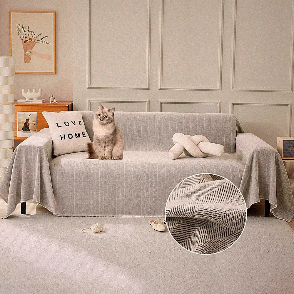 Thick Light Gray Herringbone Sofa Cover for Pets - Scratch Proof & Washable