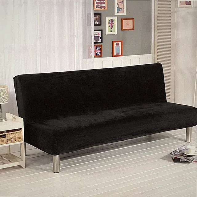 Thick Plush Futon Cover Stretch Armless Sofa Bed Slipcover Soft (Black)