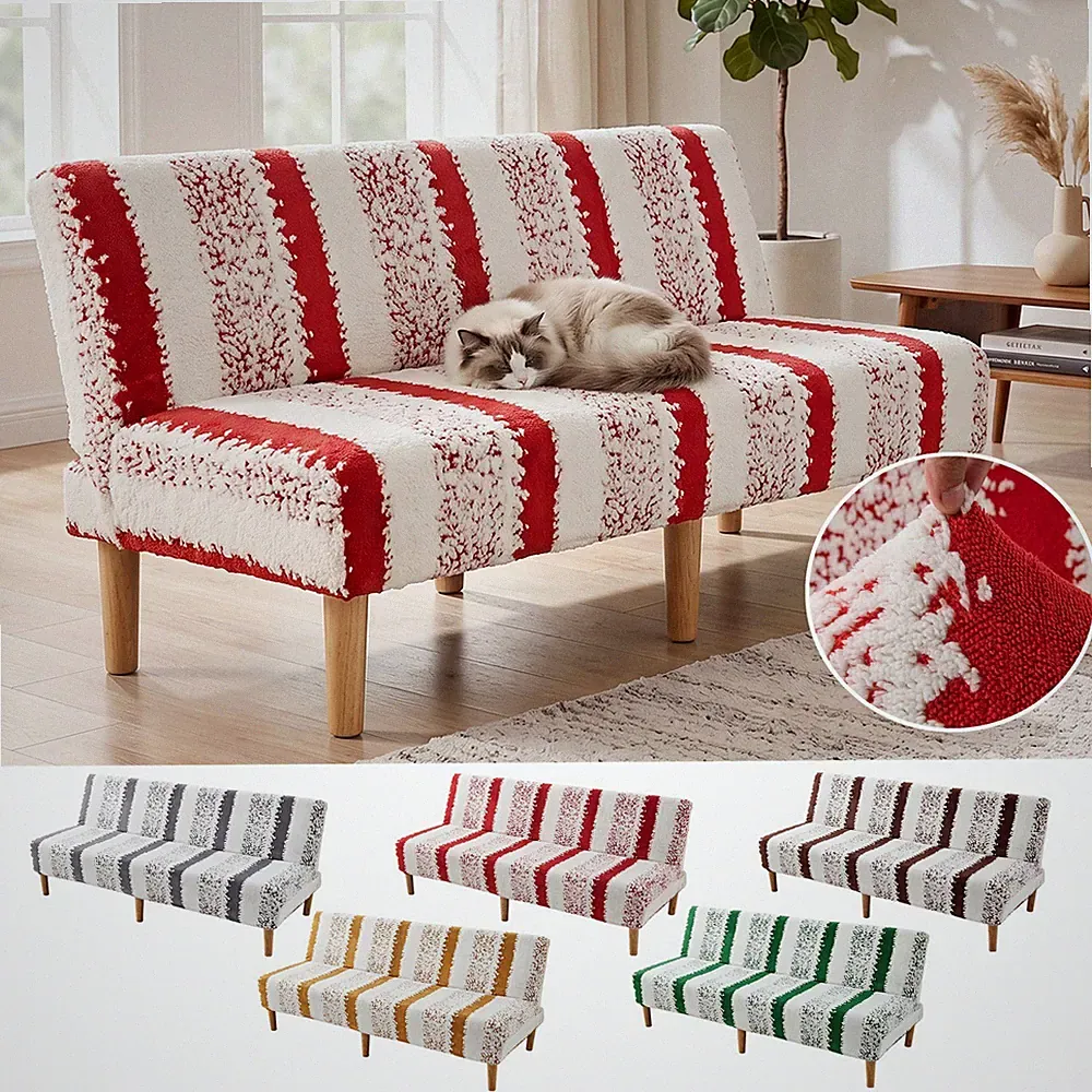 Thick Plush Striped Futon Cover Armless Foldable Sofa Bed Slipcover Washable