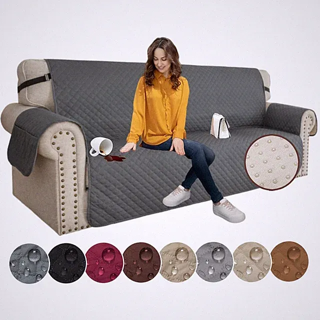 Thick Quilted Waterproof Couch Cover with Non-Slip Straps - Elegant Dark Grey