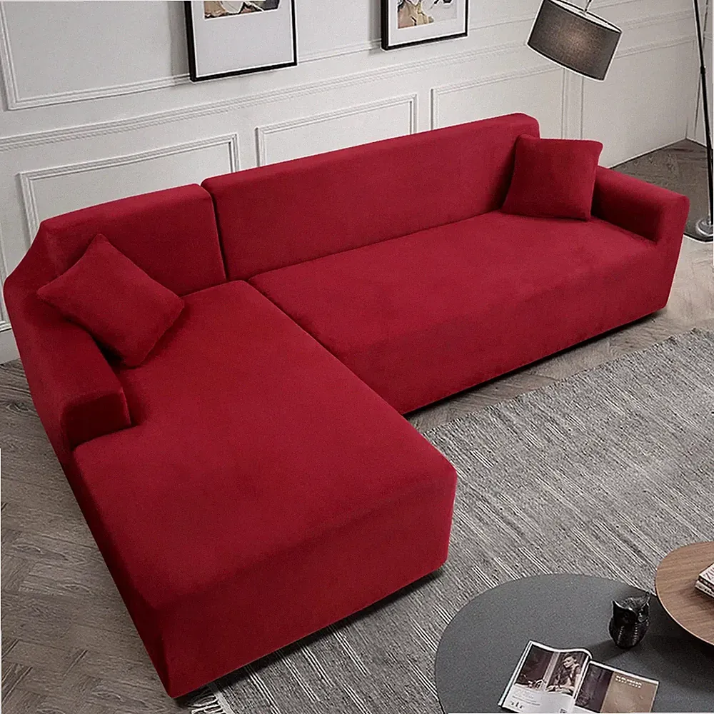 Thick Velvet L-Shaped Sectional Sofa Cover W/ 2 Throw Pillow Covers Wine Red