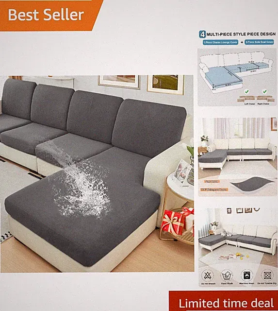 Thick Velvet Washable Couch Cushion Covers, 3-Seater + Chaise, Grey & Waterproof