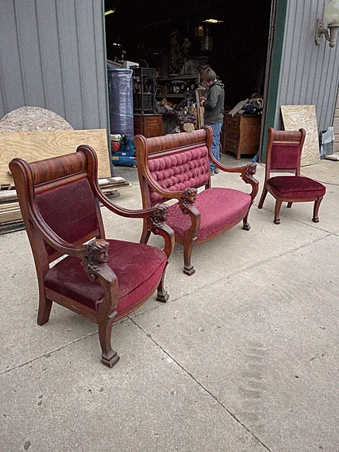 three-piece mahogany carved lady head setee Antique