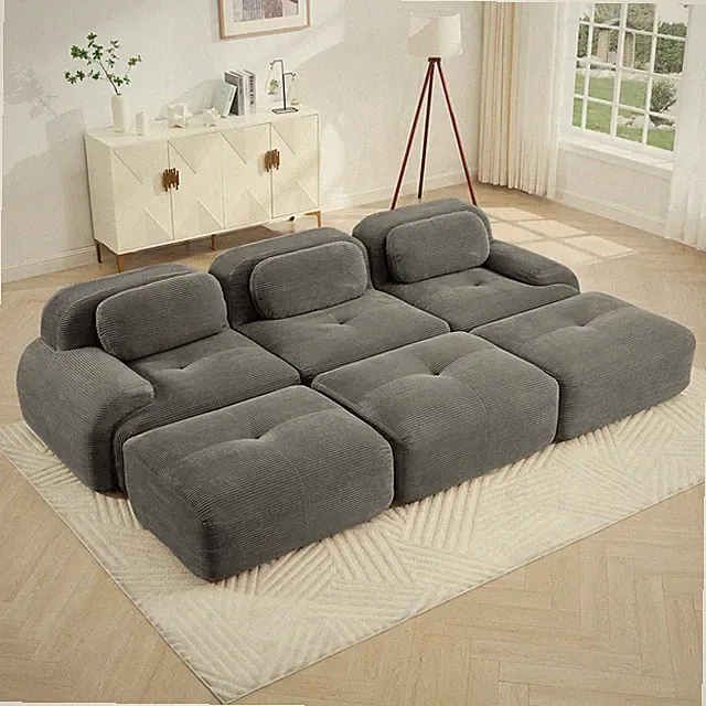 Three-seat modular sofa with 3 Ottomans corduroy fabric no assembly pet-friend
