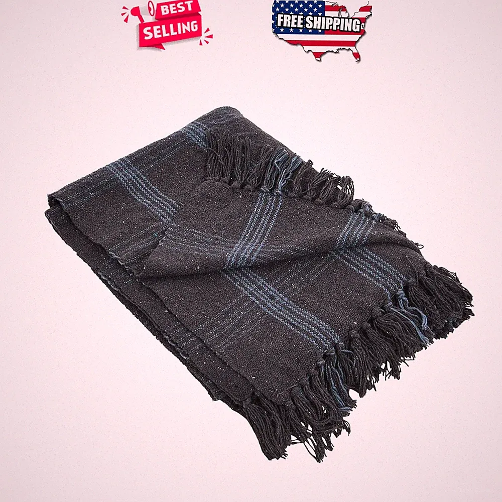 Throw Blanket Grey Plaid Recycled Cotton Blend 60x50 Fringe Lightweight Sofa Bed