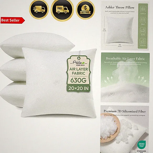 Throw Pillow Insert 20x20 Square Cushion Foam Fill for Couch Bed Decor Pack of 4
