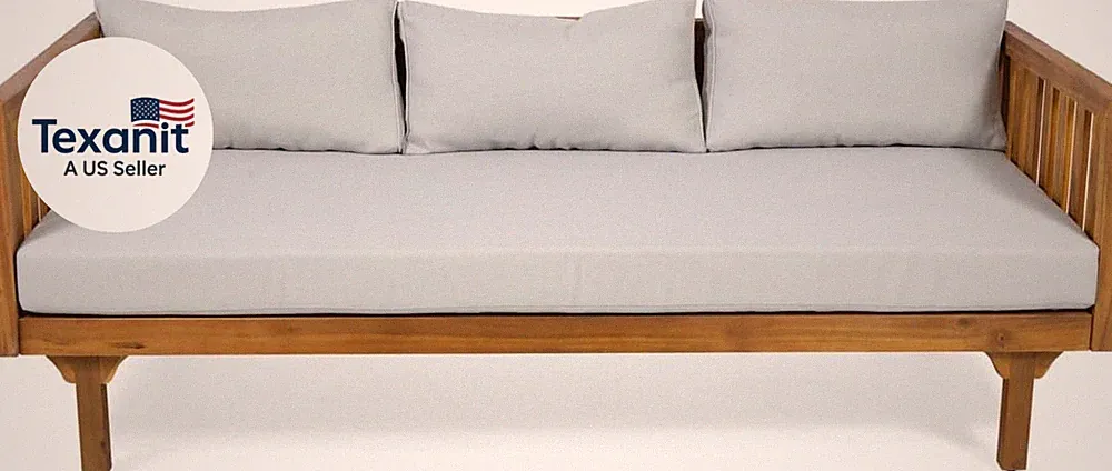 Tina Outdoor 3 Seater Acacia Wood Daybed, Teak Finish, Light Grey