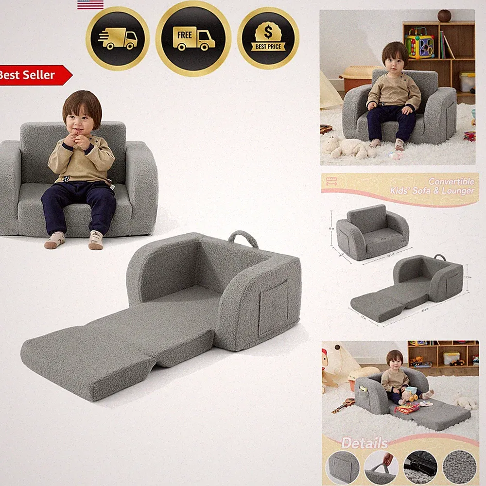 Toddler Couch Kids Sofa Bed 2-in-1 Lounge Chair for Reading Playing Grey