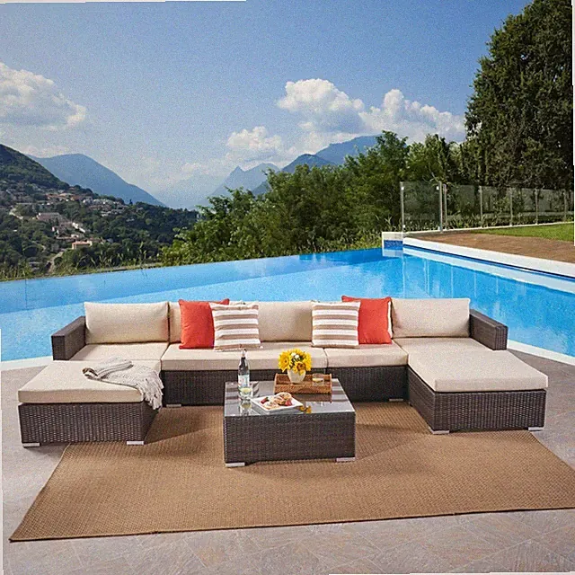 Tom Rosa Outdoor 5 Seater Wicker Sectional Sofa Set with Cushions