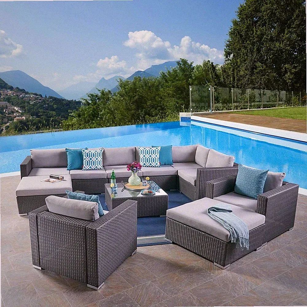Tom Rosa Outdoor 8 Seater Wicker Sectional Sofa Set with Cushions