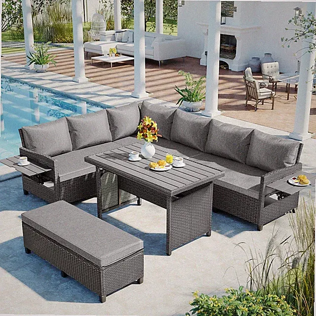 TOMAX 5-Pc Outdoor Patio Rattan Sofa Set, L-Shaped PE Wicker Garden Furniture