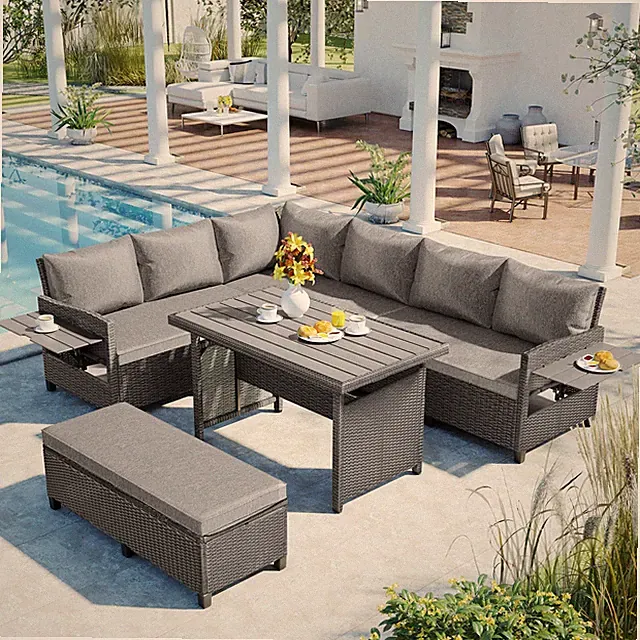 TOMAX 5-Piece Outdoor Patio Rattan Sofa Set, Sectional PE Wicker L-Shaped Gard