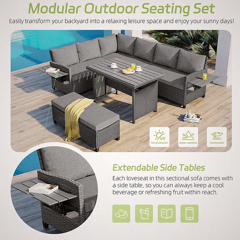 TOMAX 5-Piece Outdoor Patio Rattan Sofa Set, Sectional PE Wicker L-Shaped Garden