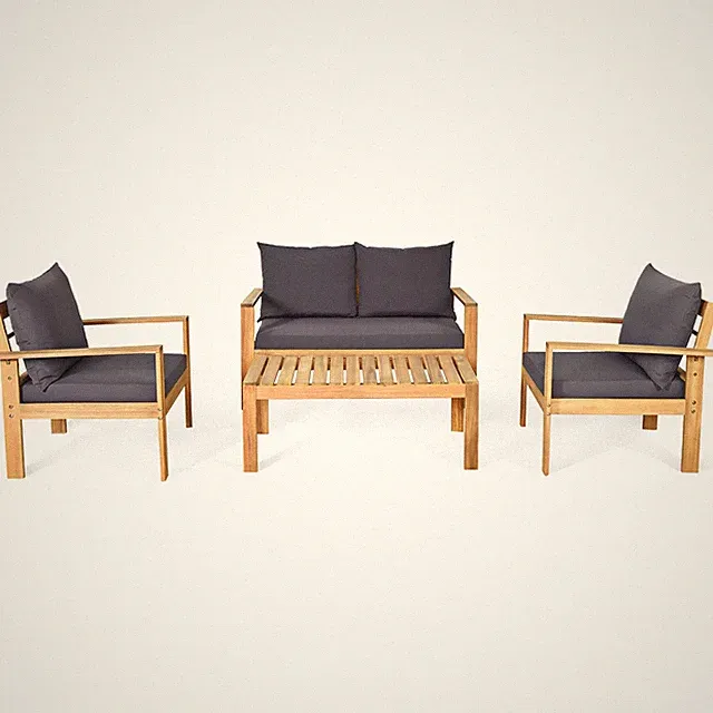 Topbuy 4 PCS Acacia Wood Conversation Sofa Table Furniture Set W/ Grey Cushions