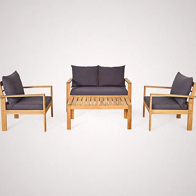 Topbuy 4 PCS Acacia Wood Conversation Sofa Table Furniture Set W/ Grey Cushions