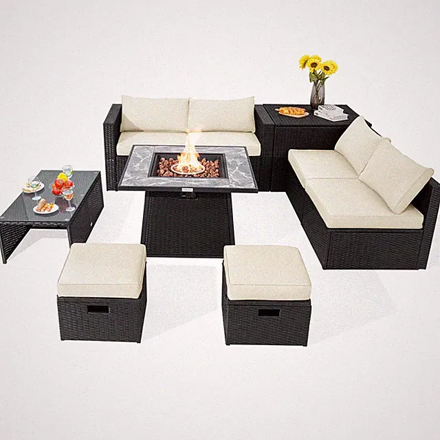Topbuy 9 Pieces Outdoor PE Rattan Wicker Sectional Sofa with 35" Gas Fire Pit