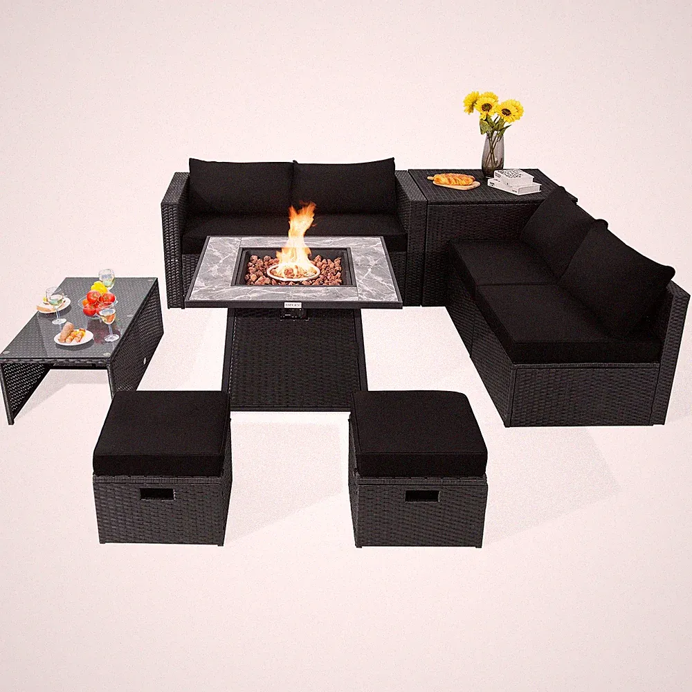 Topbuy 9 Pieces Outdoor PE Rattan Wicker Sectional Sofa with 35" Gas Fire Pit