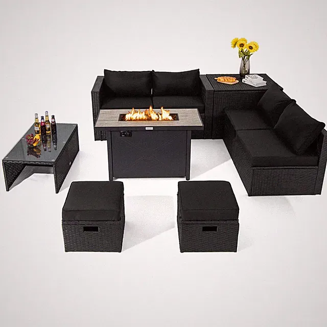 Topbuy 9 Pieces PE Rattan Wicker Sofa with 42" 60,000 BTU Gas Fire Pit Table