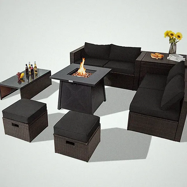 Topbuy 9PCS Outdoor Patio Furniture Set with 30" Propane Fire Pit Table PE