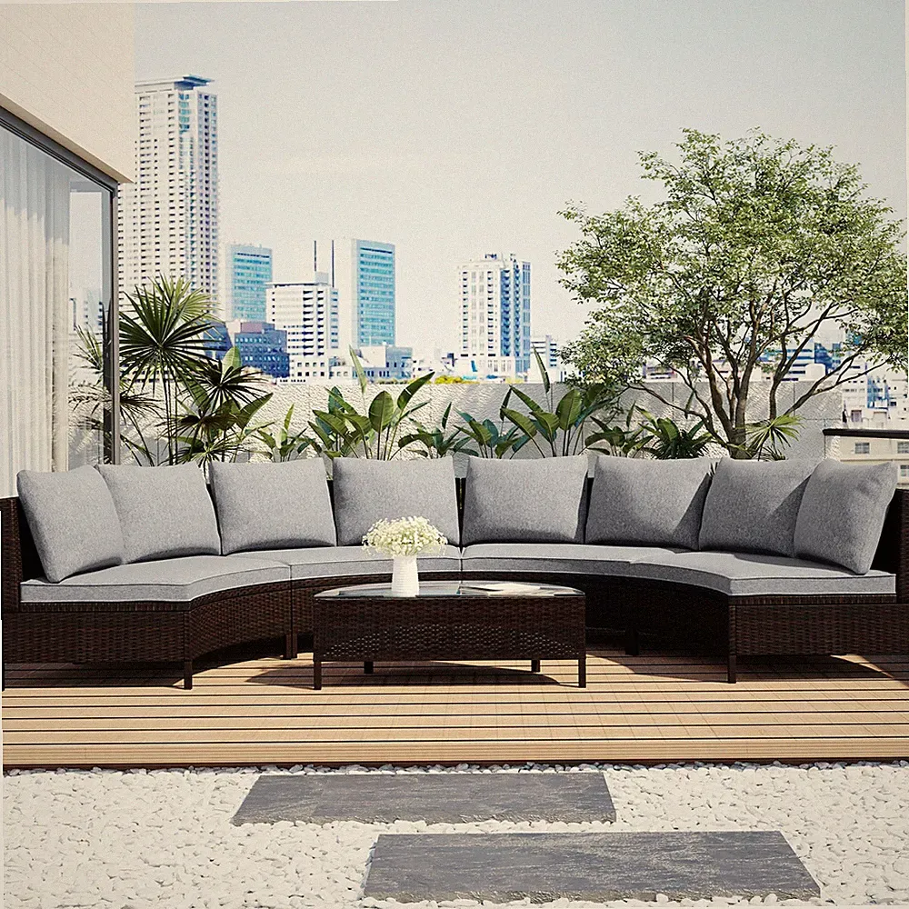 TOPMAX 5-Piece Brown PE Rattan Patio Sectional Sofa Set with Glass Table