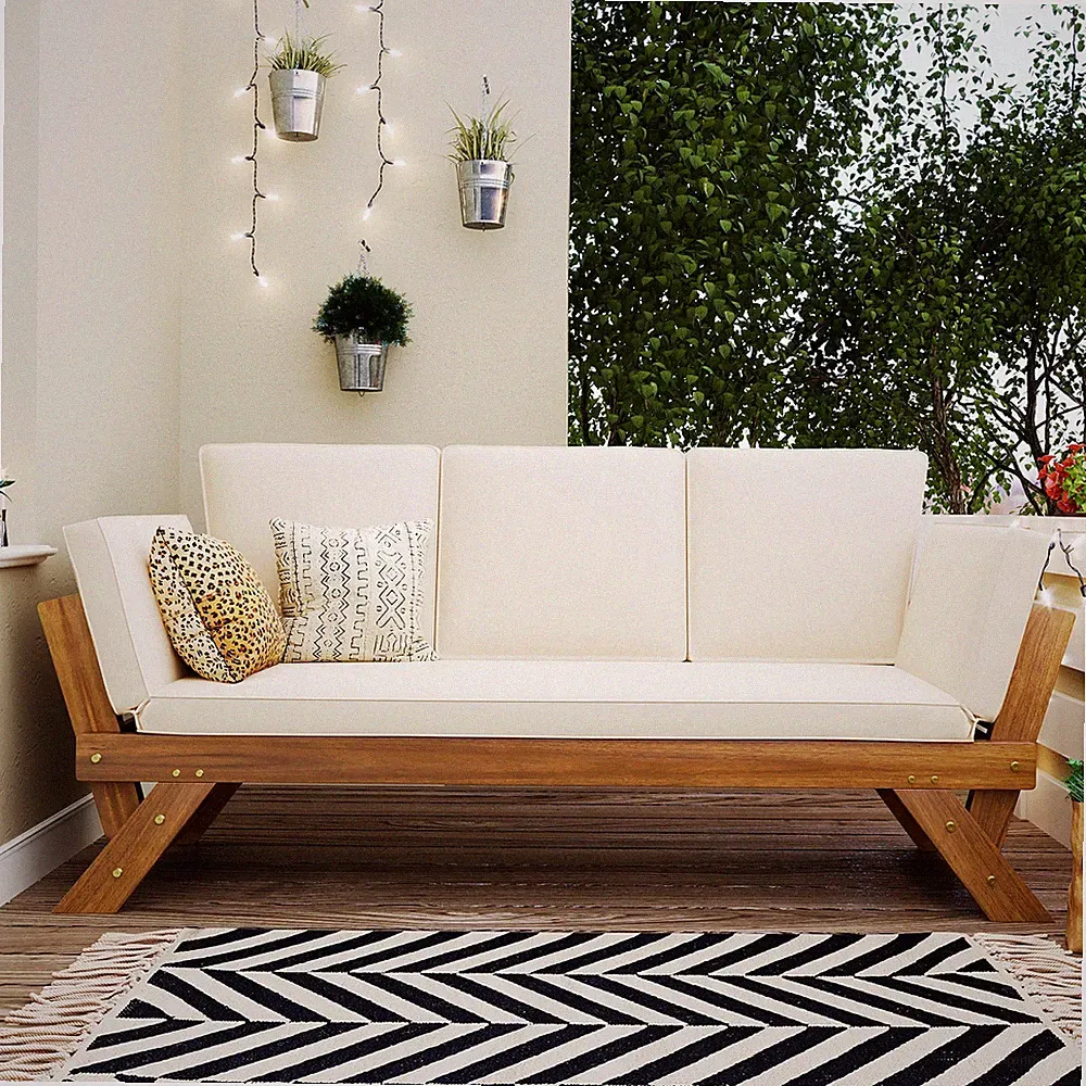 TOPMAX Outdoor Adjustable Patio Wooden Daybed Sofa Chaise Lounge with Cushions
