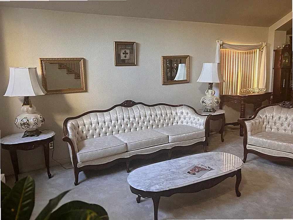 Traditional Beige Damask 100% Cotton Tufted Rolled Arm Wood Frame Sofa