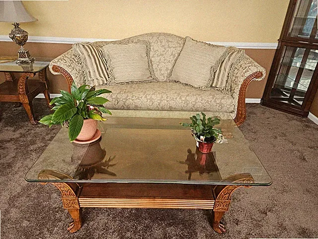 Traditional Beige Floral Fabric Sofa Set w/ Chaise, Wood Frame, Rolled Arms