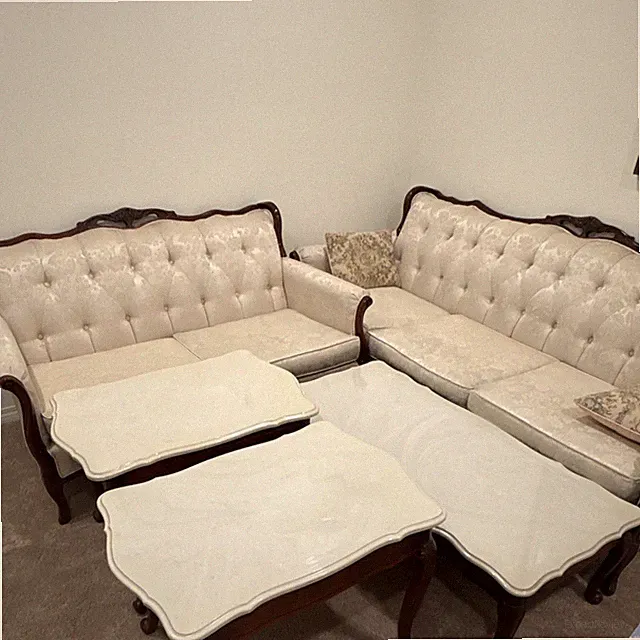 Traditional Beige Tufted Sofa Set, Floral Fabric, Wood Trim, Rolled Arms