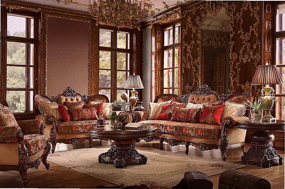 Traditional Dark Oak Wood Finish Brown Multi Floral Print Fabric Living Room