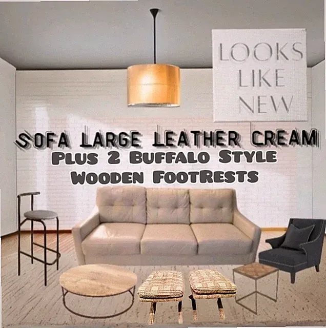 Traditional Plywood, Leather/Polyester🛋 Sofa Cream + 2 Foot Rests/Local PU Only