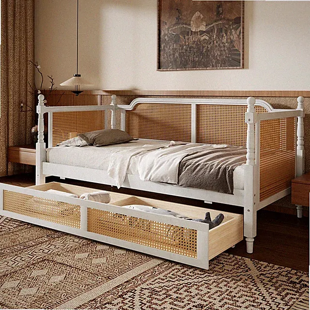 Traditional Style Rattan Twin Size Daybed with 2 Drawers for Limited Space, Gues