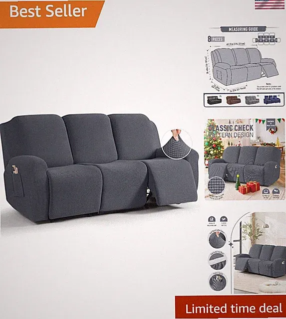 Transform Your Sofa with 8-Piece Grey Recliner Slipcovers - Stain Resistant Fit