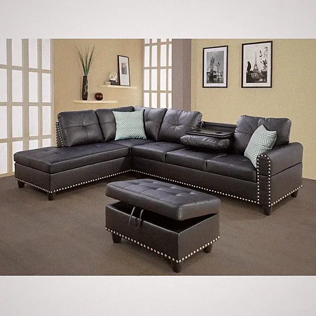 Trent Home Transitional Faux Leather Sectional Sofa with Ottoman in Black