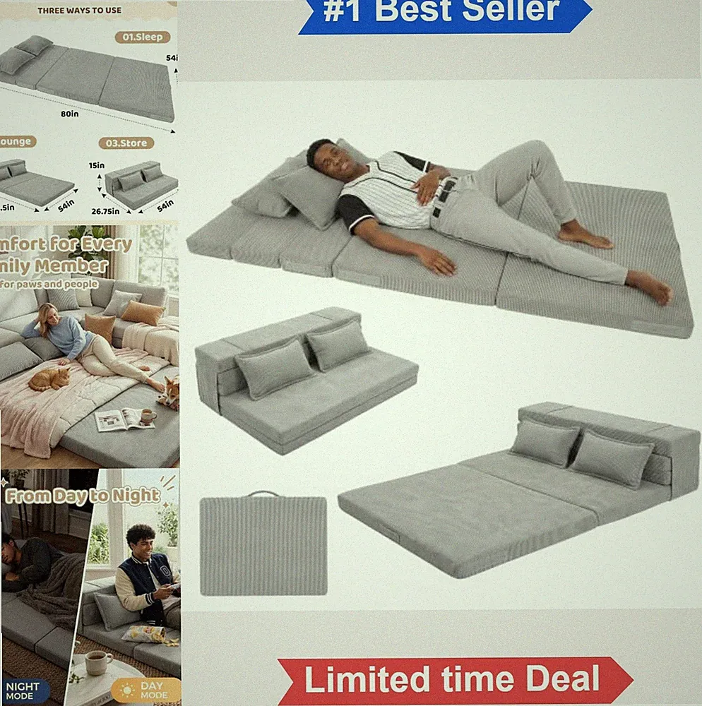 Tri-Fold Futon Mattress Full Size High Density Foam Floor Bed Corduroy Cover