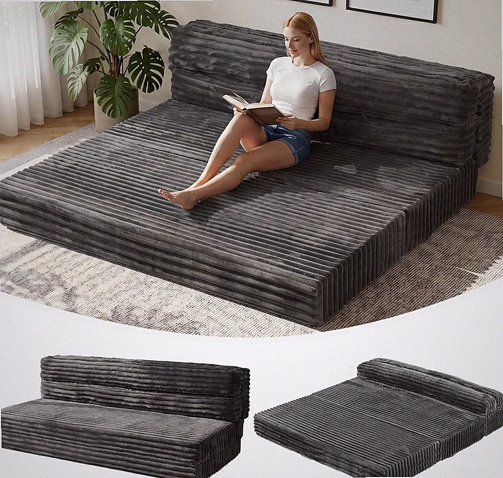 Tri-Fold Futon Sofa Bed, 6 Inch Foldable Floor Couch, High-Density Foam