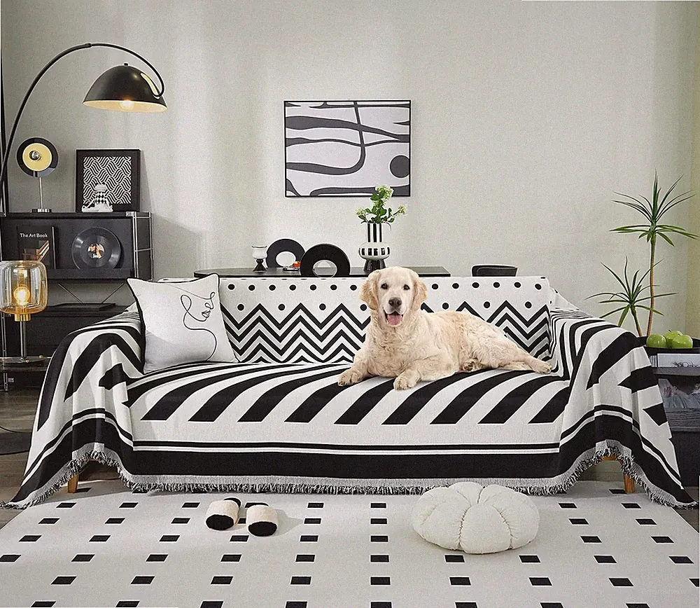 Tritard Boho Couch Cover Reversible Striped Sectional Couch Covers Black Whit...
