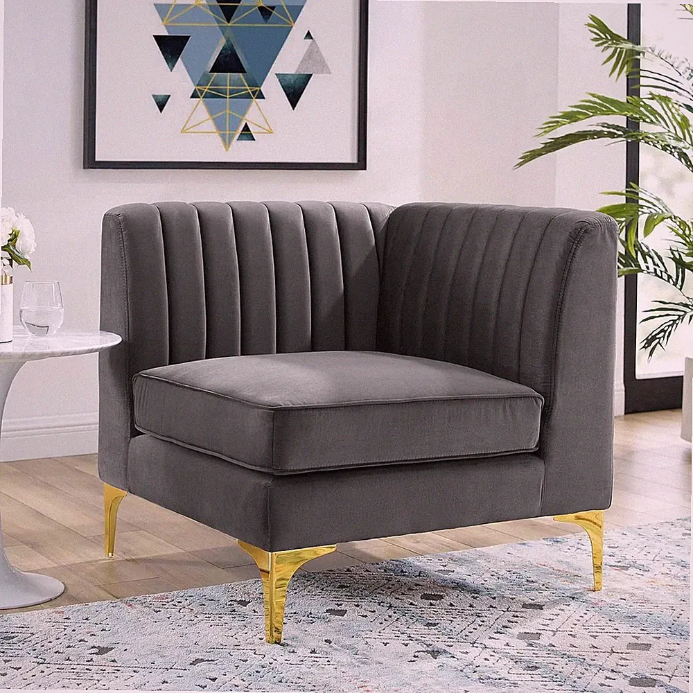 Triumph Gray Velvet Channel Tufted Sectional Sofa Corner Chair