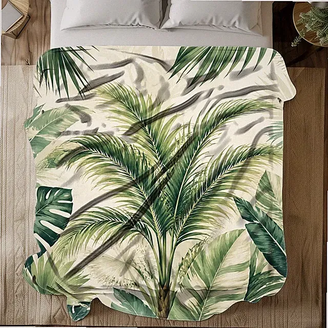 Tropical Palm Leaves Coral Fleece Blanket Botanical Sofa Decor