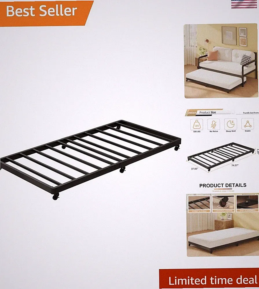 Trundle Bed Twin with 6 Lockable Casters, Roll Out Twin Trundle Bed Frame wit...
