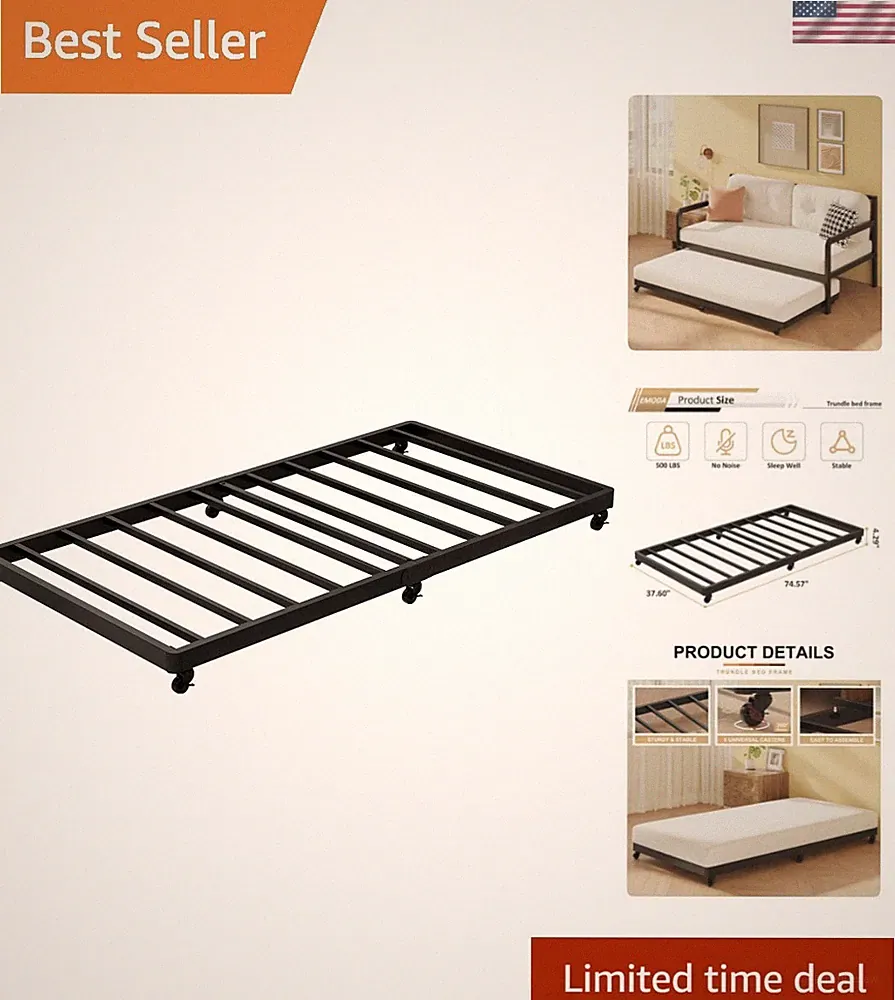 Trundle Bed Twin with 6 Lockable Casters, Roll Out Twin Trundle Bed Frame wit...