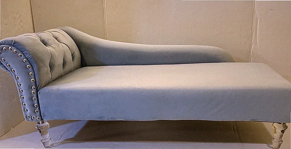 Tuffed Blue Velvet Chaise Raised Small Pet Bed Lounger Lucite Jeweled Legs