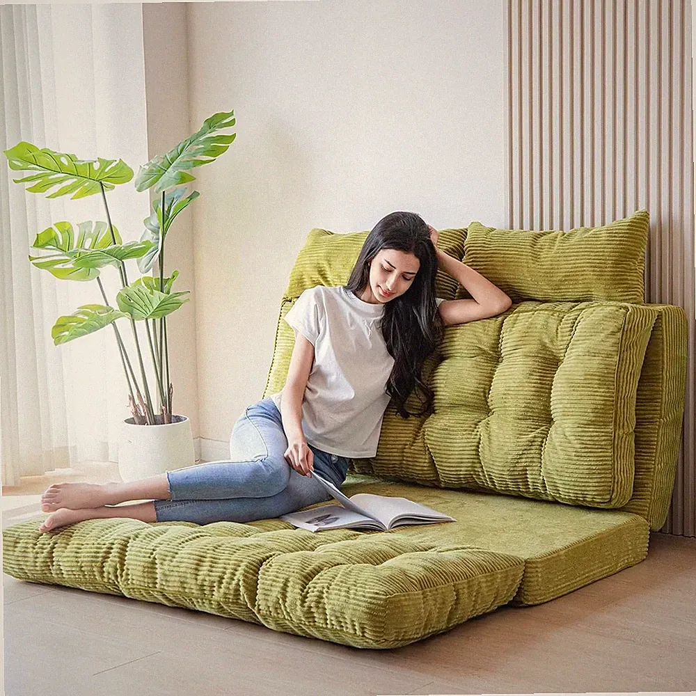 Tufted Bean Bag Sofa Bed with Pillows - Extra Thick Floor Mattress, Green
