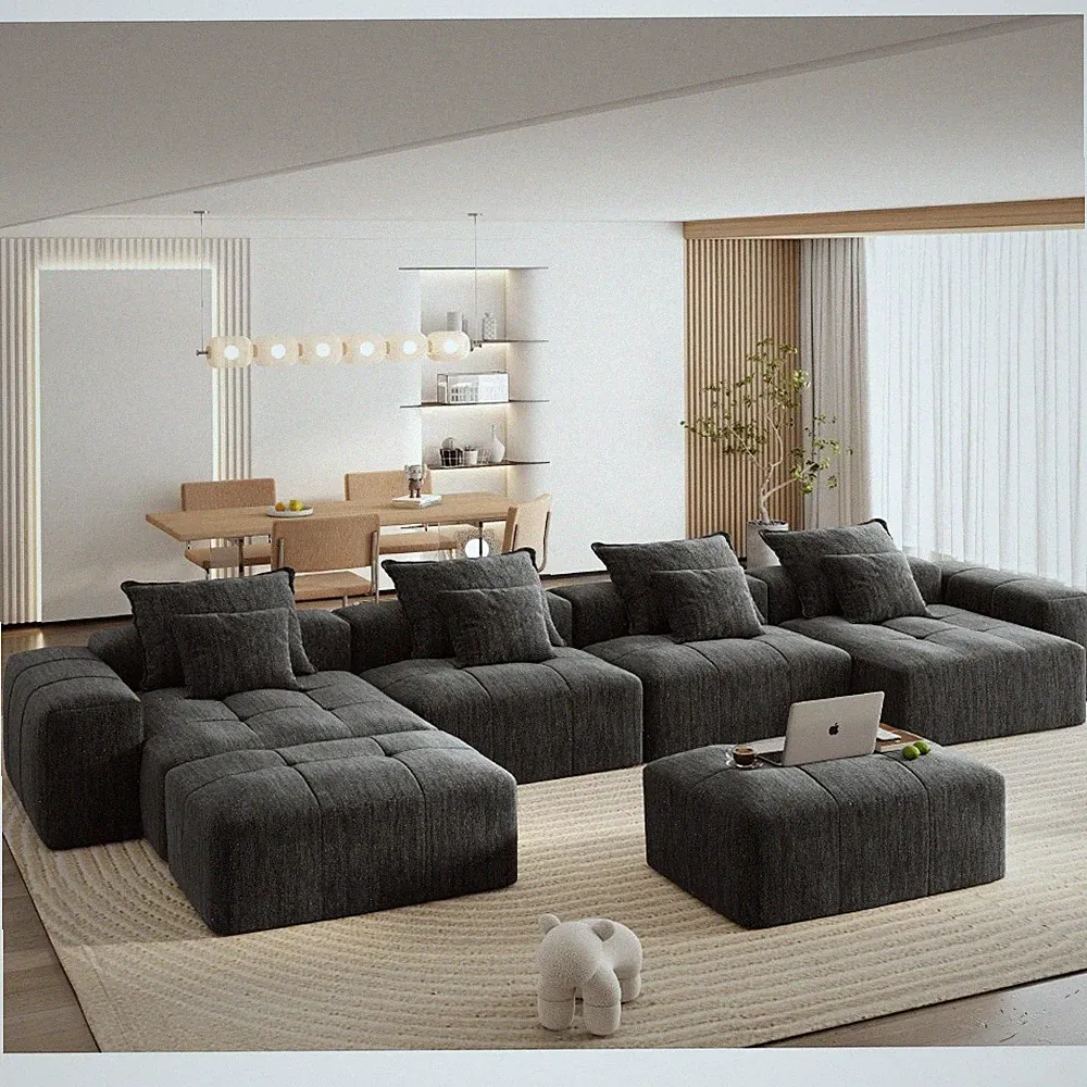 Tufted Chenille Modular Sectional Sofa, 8-Piece w/ Pillows, 80" L, Black
