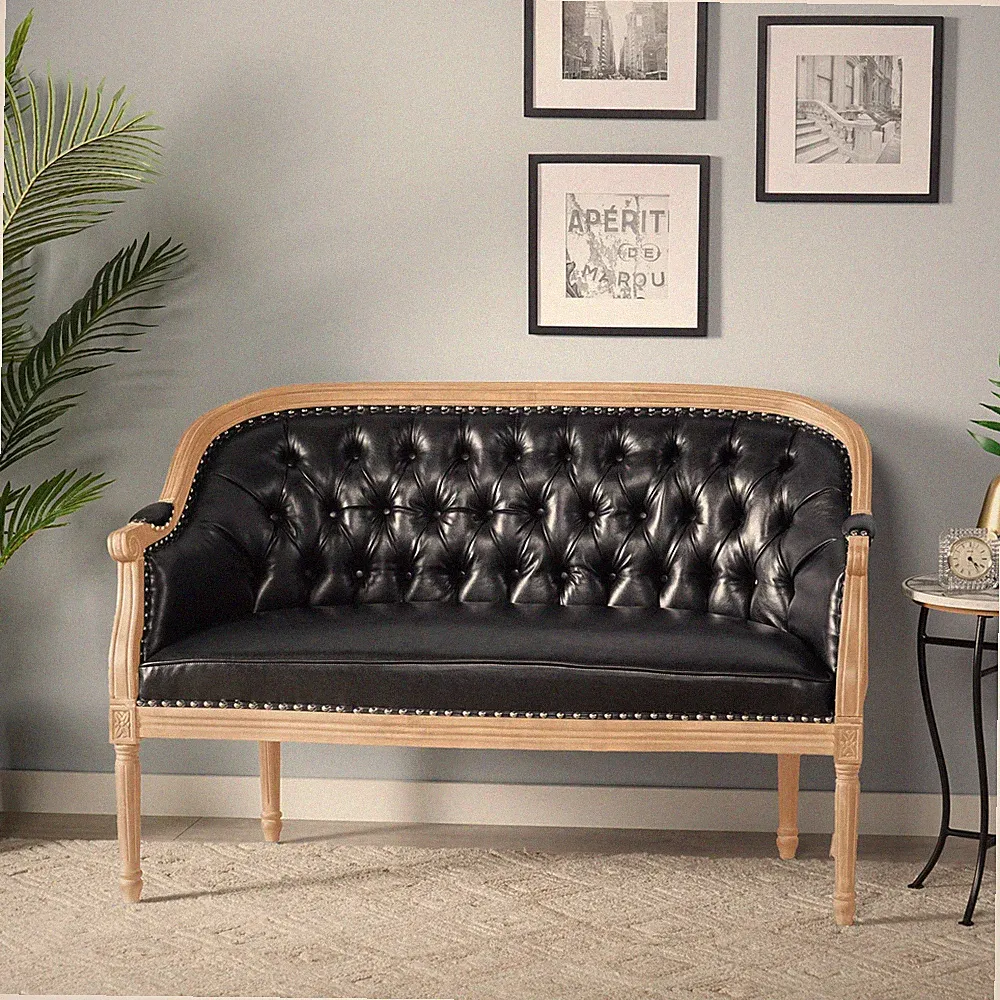 Tufted French Country Loveseat with Nailhead Accents & Turned Legs