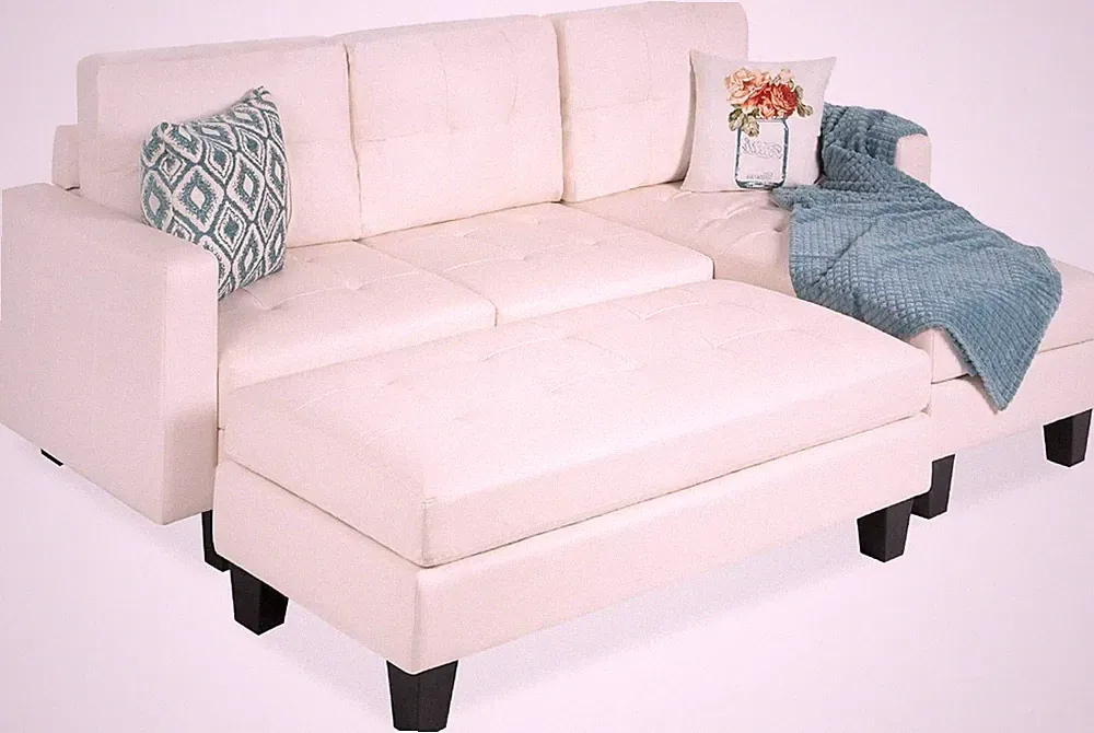 Tufted Leather 3-Seat L-Shape Sofa, Chaise Lounge & Ottoman Coffee Table Bench