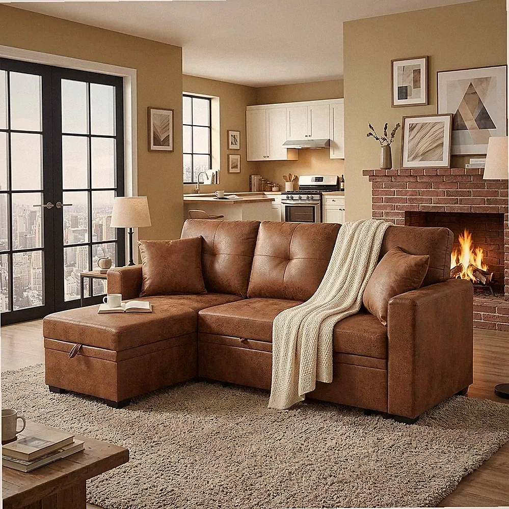 Tufted Sectional Sleeper Sofa Pull Out Couch Bed - Modern Upholstered L Shaped C