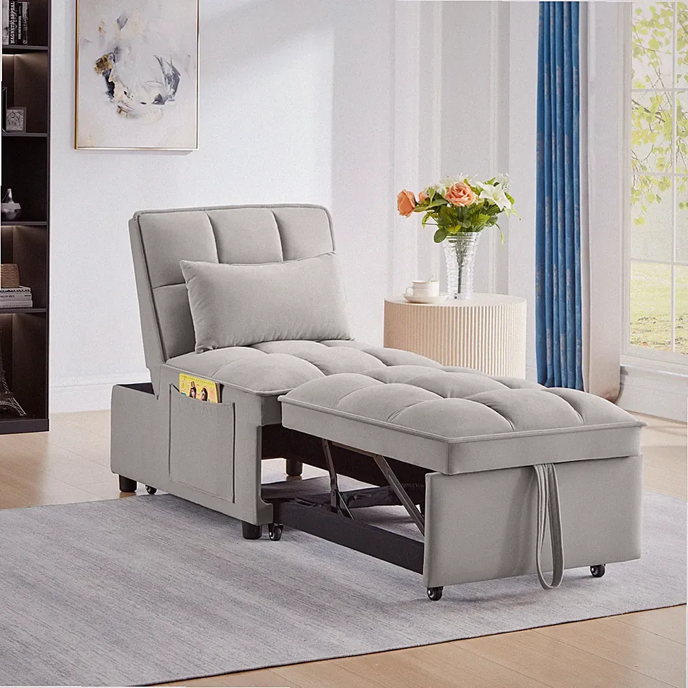 Tufted Single Pull-Out Sofa Bed with Storage, Adjustable Backrest, Gray