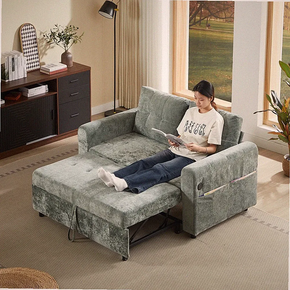 Tufted Sofa Bed, Adjustable Backrest, 3 USB Ports, 2 Pillows, Antique Green