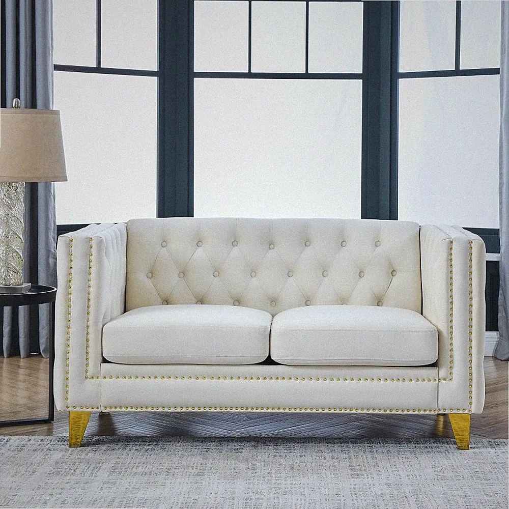 Tufted Velvet Chesterfield Sectional Sofa Beige Living Room 2-Seater